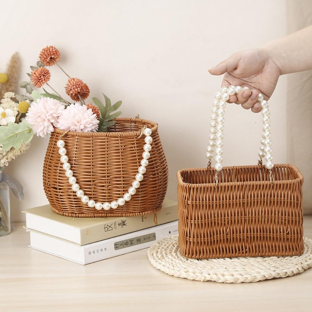 Pearl Handle Woven Flower Basket Versatile Storage Basket Fashion Flower Basket Fruit Vegetable