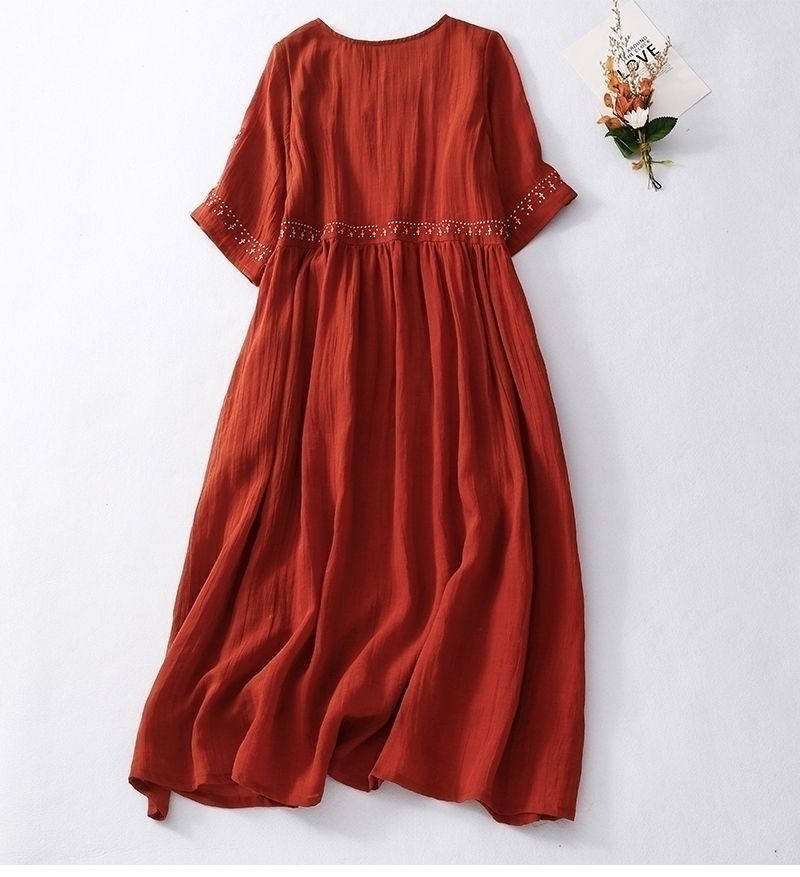 Summer Plus Size Dress Literary Retro Loose Embroidered Cotton and Linen Short-sleeved Mid-length