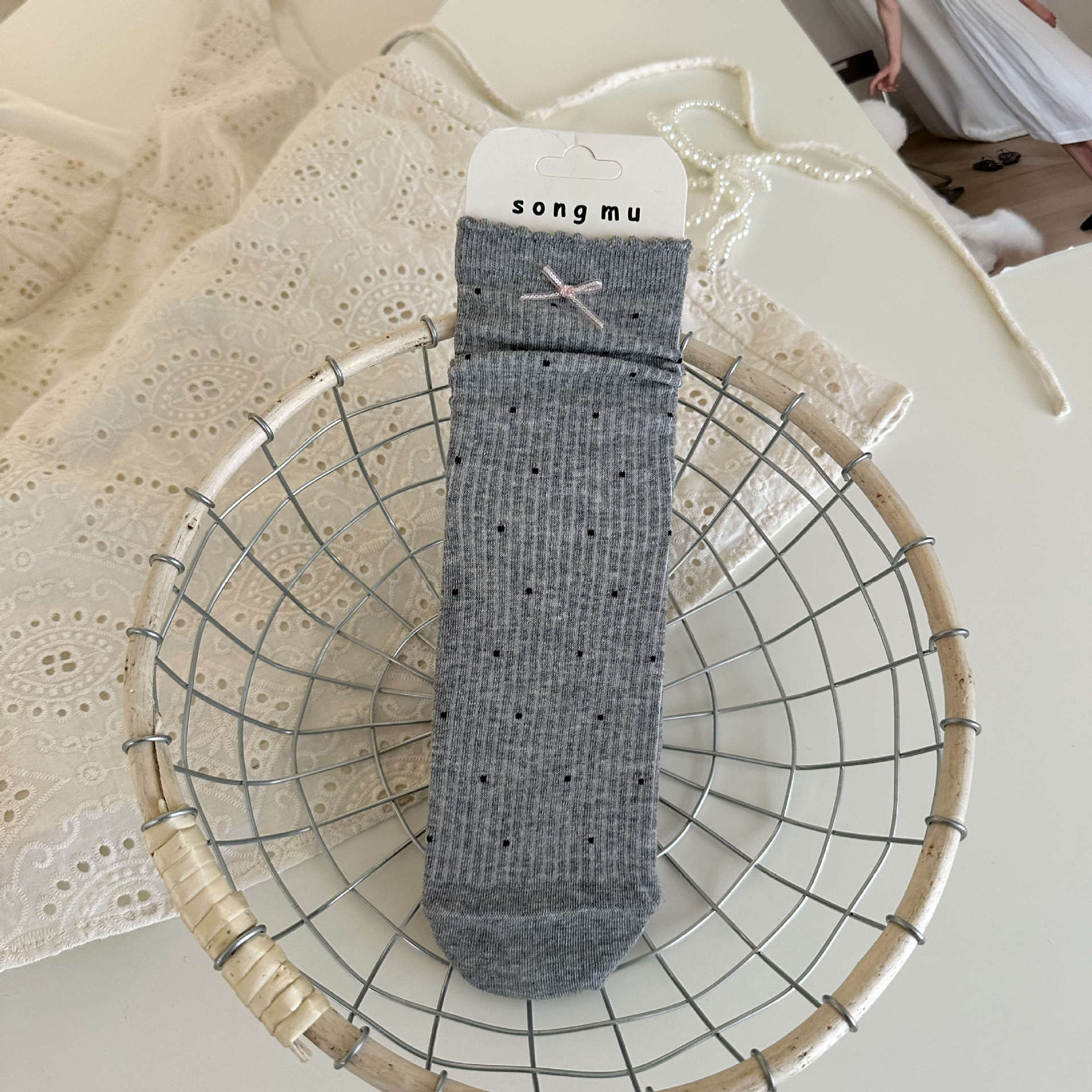 White Bow Polka Dot Cotton Women Socks Thin Mesh Hollow Ruffle Mid Calf Slouchy Crew Socks for Daily Wear Fashionable Versatile One Size