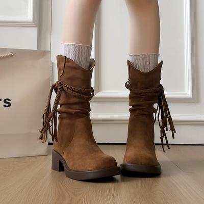 New Style Luxury Women's Spring and Autumn Retro Fashion Style Boots Thick Heel Long Tube Slim Stacked Middle Tube Boots