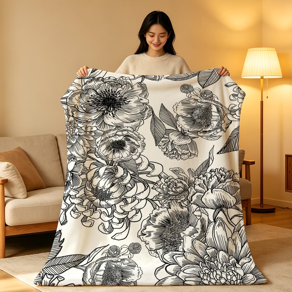 Art B-Black a-and W-White Floral Throw High-Density Short Plush Blanket Soft Skin-Friendly for Sofa Nap Air-Conditioned Room