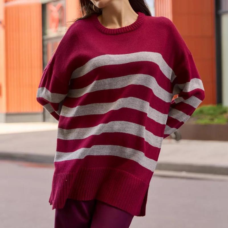 

GMXIA Женский трикотаж осень-зима повседневный полосатый свободный свитер с круглым вырезом куртка L красный