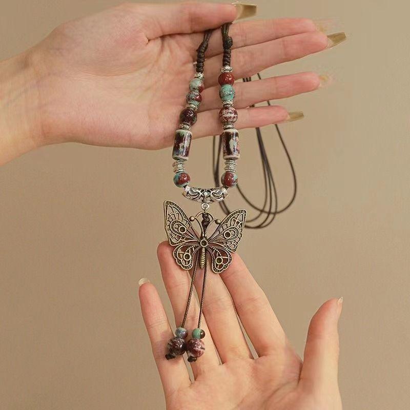 Chinese Style Retro Ethnic Butterfly Bell Beaded Necklace Women's Antique Long Collarbone Chain