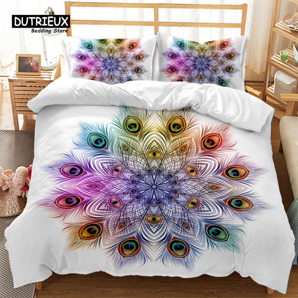 Peacock Feather Bedding Set Peacock Duvet Cover Set Single Double King For Adult Women Microfiber Comforter Cover Bedroom Decor