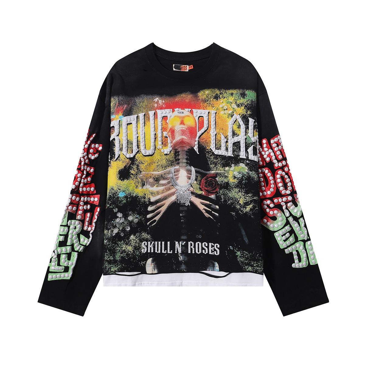 

Retro Grunge Skeleton & Rose Graphic Long Sleeve Tee, Rhinestone Streetwear for Men/Women S