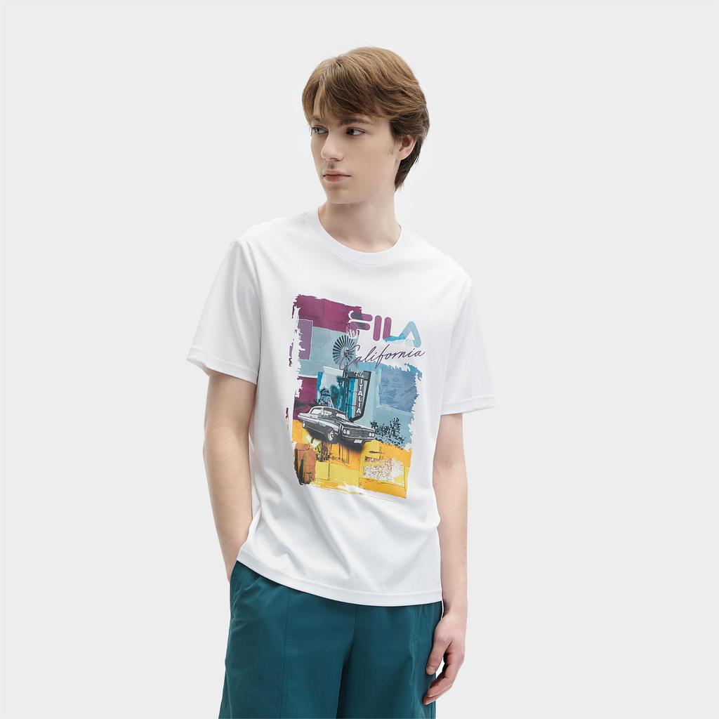 Fila SS24 Retro Minimalist Fashion Color Block Printed Casual Comfortable Knit Crew Neck Short Sleeve T-Shirt Men Tops Standard-White F11M428114FWT