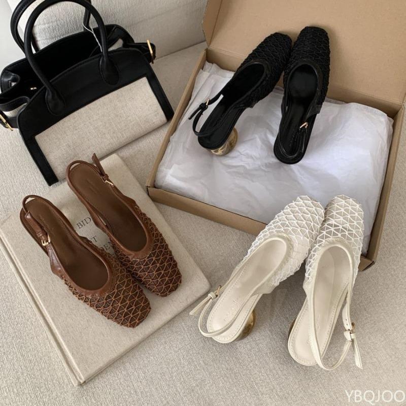 Fashion Mesh Women's Mid Heeled Slippers Fashionable Summer New Style Elegant Empty Temperament Square Toe Woven Toe Cap Sandals