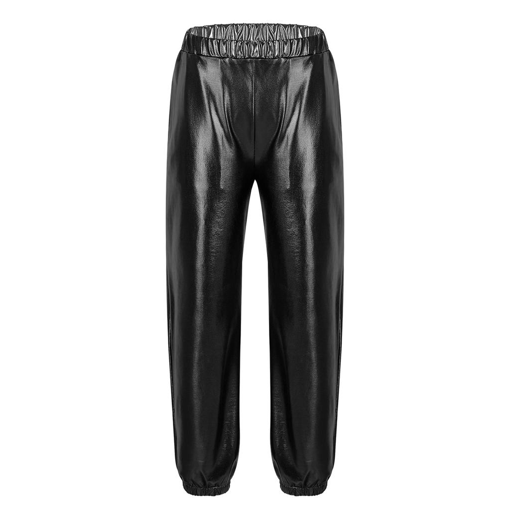 Girls Metallic Shiny High Rise Elastic Waist Dance Pants Side Pockets Hip Hop Streetwear Sweatpants for Stage