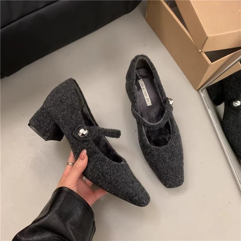 

Autumn Wool Fabric Woman Mary Jane Shoes Elegant Thick Heel Party Dress Shoes Outdoor Comfortable Fleece Lined Ladies Shoes 35