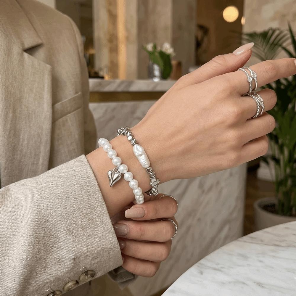 Silver Heart Pendant Bracelets Beaded Metal Hand Chain Trendy Imitation Pearl Bracelets  Gifts