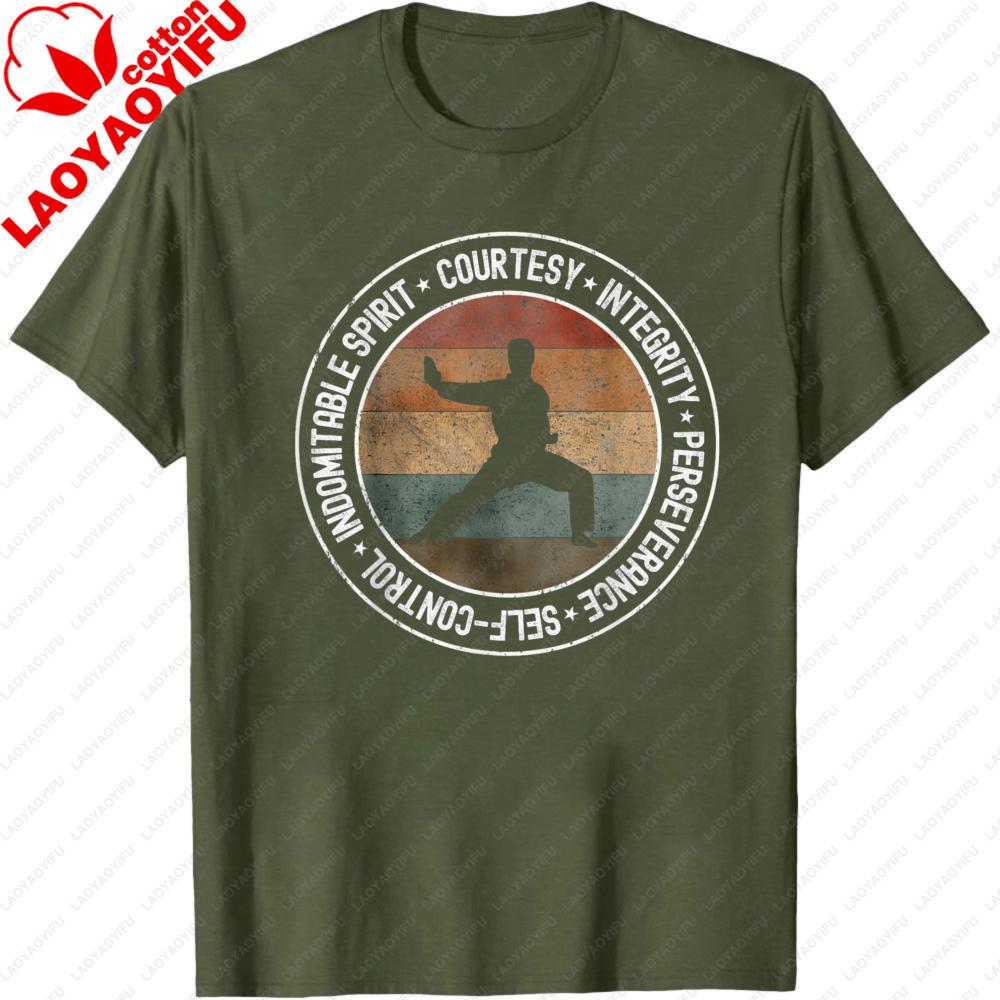 Martial Arts Men TShirt Cotton Casual Short Sleeve Top with Karate Silhouette and Values Design for Training Gift Sportwear