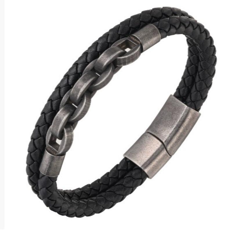 Creative Chain Men's Stainless Steel Leather Bracelet Fashion Trendy Men's Leather Rope Bracelet Cross-border E-commerce Jewelry