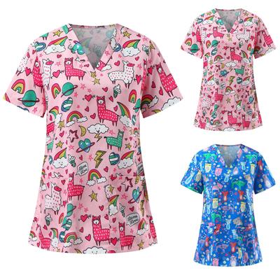 Women's Fashion Cartoon Print Short Sleeve V-Neck Pocket Comfortable Caregiver Tops