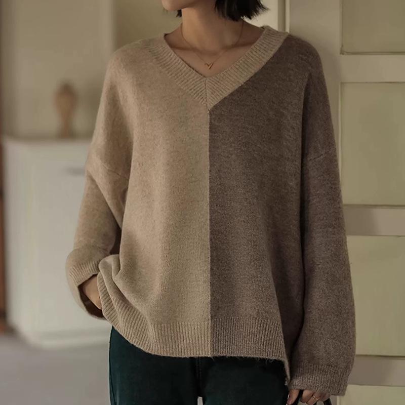 European Chic V-Neck Color Block Pure Wool Women's Sweater, Autumn Winter Loose Knit Pullover.