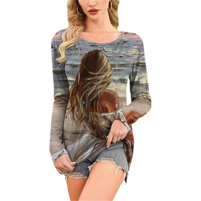 European and American Fashion Oil Painting Style Printed Casual Long Sleeved T-shirt O Neck Oversized Tees Tops Women's Clothing
