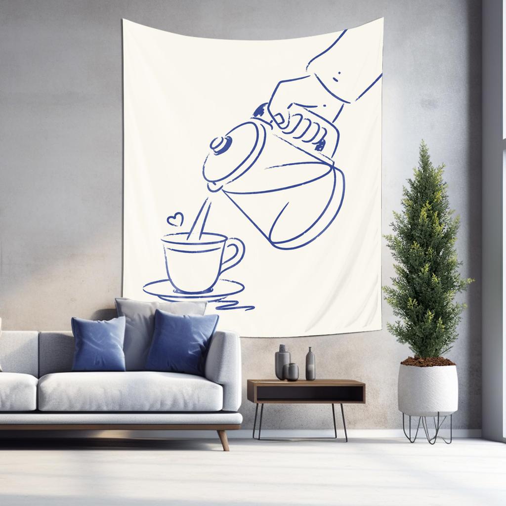 Hand Pouring Coffee From Kettle Into Cup Wall Tapestry Machine Washable All Season Decor Print Minimalist Line Art Design Home