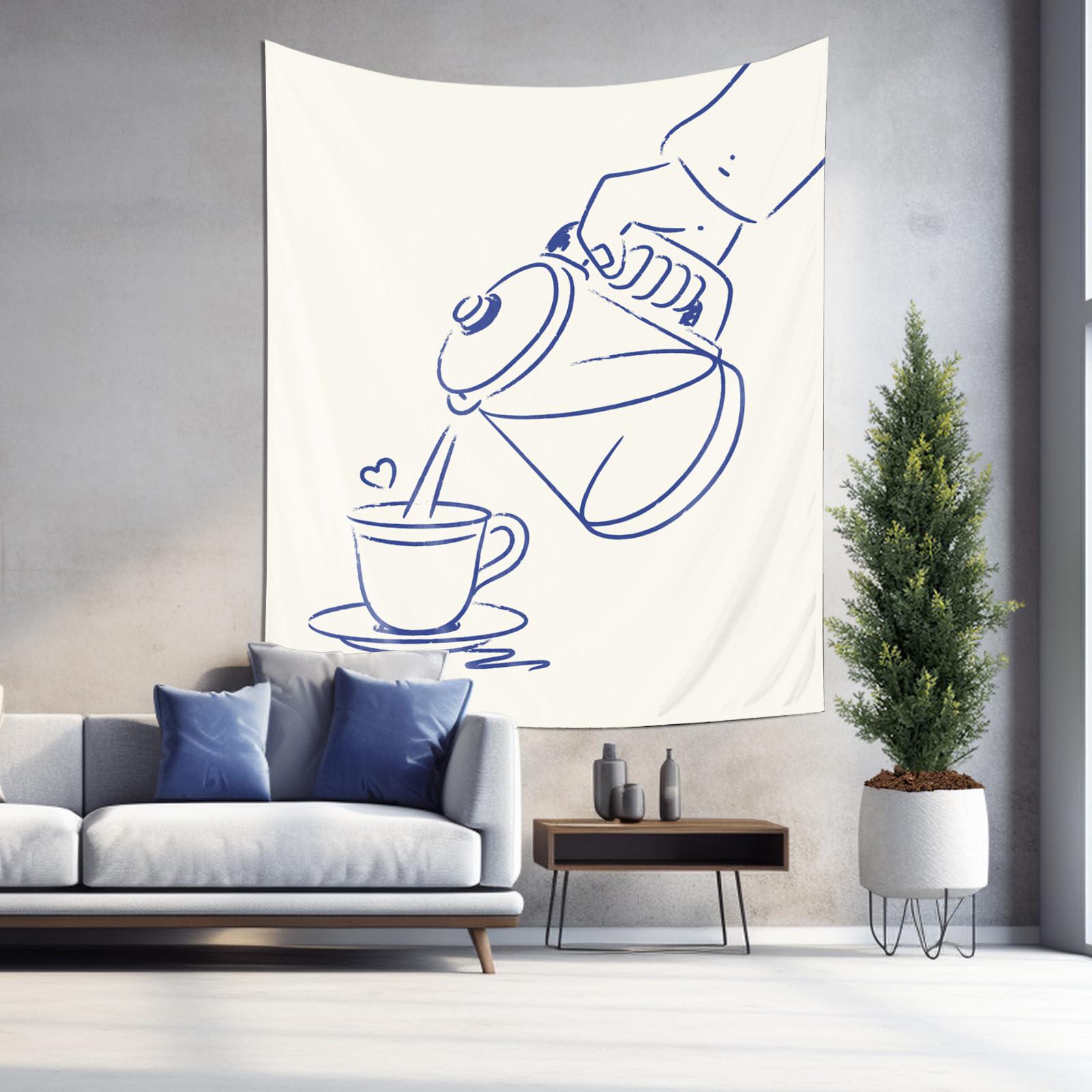 

Hand Pouring Coffee From Kettle Into Cup Wall Tapestry Machine Washable All Season Decor Print Minimalist Line Art Design Home 74x94cm(29x37in)