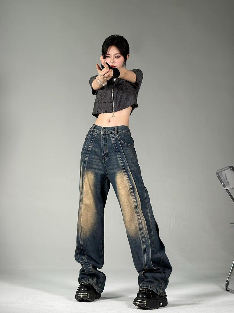 American Retro Style Women's Wide-Leg Deconstructed Jeans, Mud Yellow Distressed, High Street Fashion