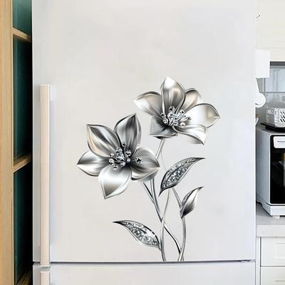 Zelfklevende Waterdichte Koelkaststickers Zilver Grijs Bloemen Licht Luxe voor Keuken Koelkastdeur