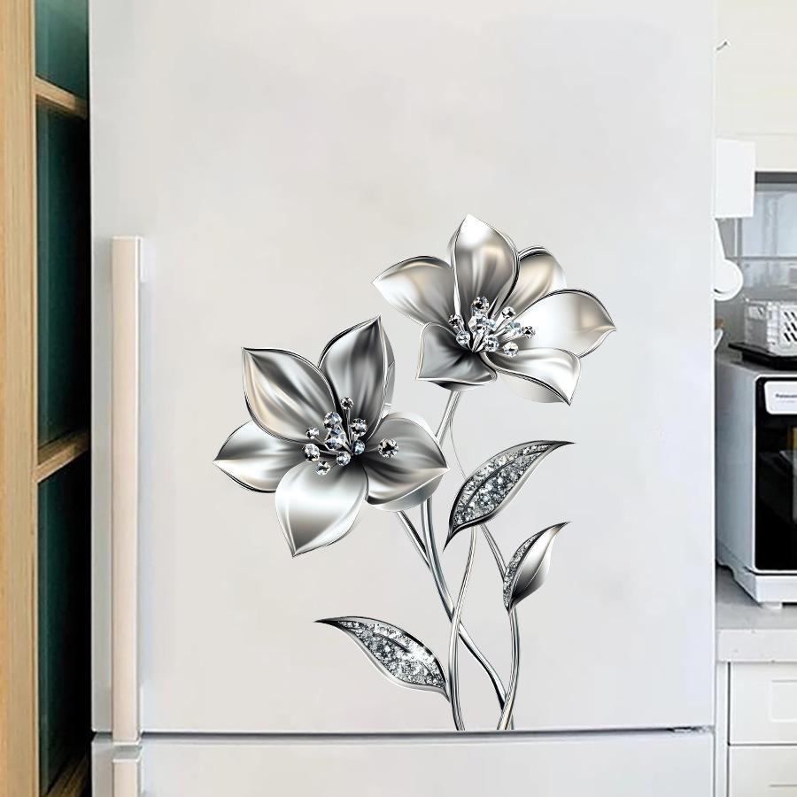 Self-adhesive Waterproof Refrigerator Stickers Silver Grey Flowers Light Luxury for Kitchen Fridge Door