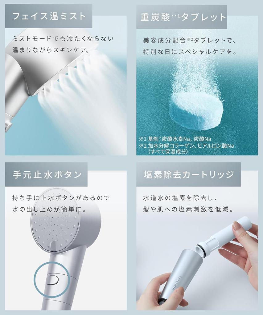SALONIA Shower Head Fine Bubble Clear Bubble Water Saving High Water Pressure Chlorine Removal Cartridge Bicarbonate Tablet Included Silver Micro-Nano