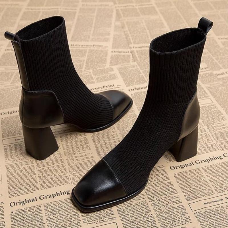 Móda 2024 Jaro Podzim Nové Módní Kulatá Hlava Šitý Látkový Obličej Svrchní Oblečení Dámská Sada Pohodlné Ponožky a Kozačky Jednoduché Kozačky