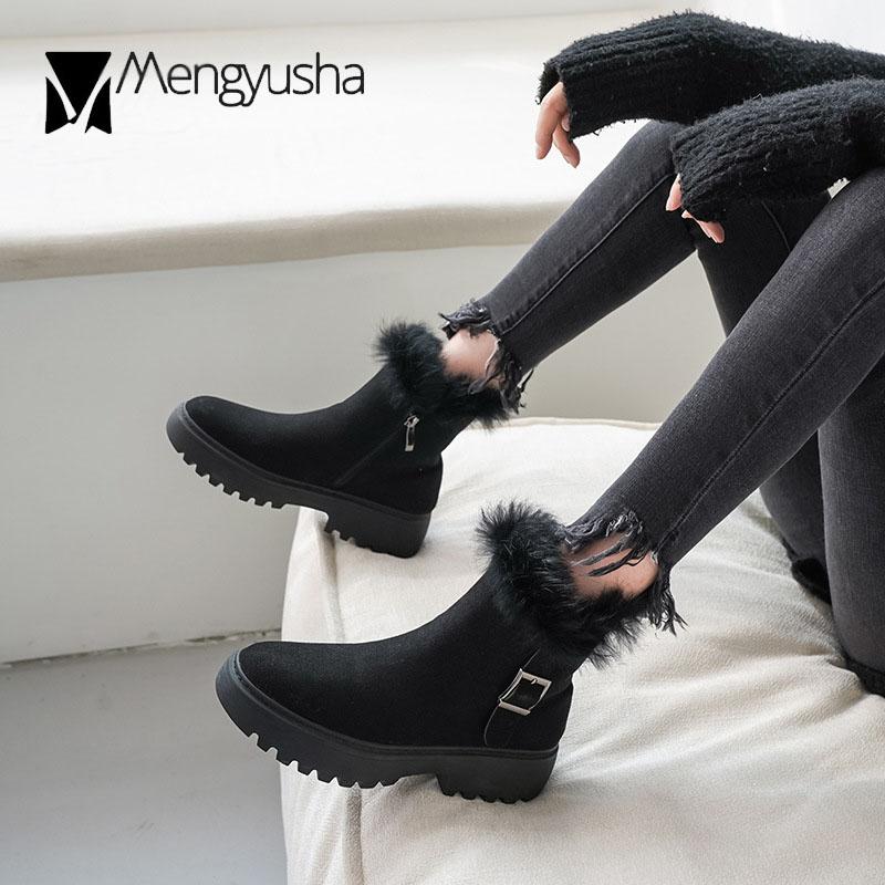 Fashion Winter Snow boots women luxury rabbit fur short botas nubuck flock ins cotton shoes plush furry botte femme 40-43 plus size