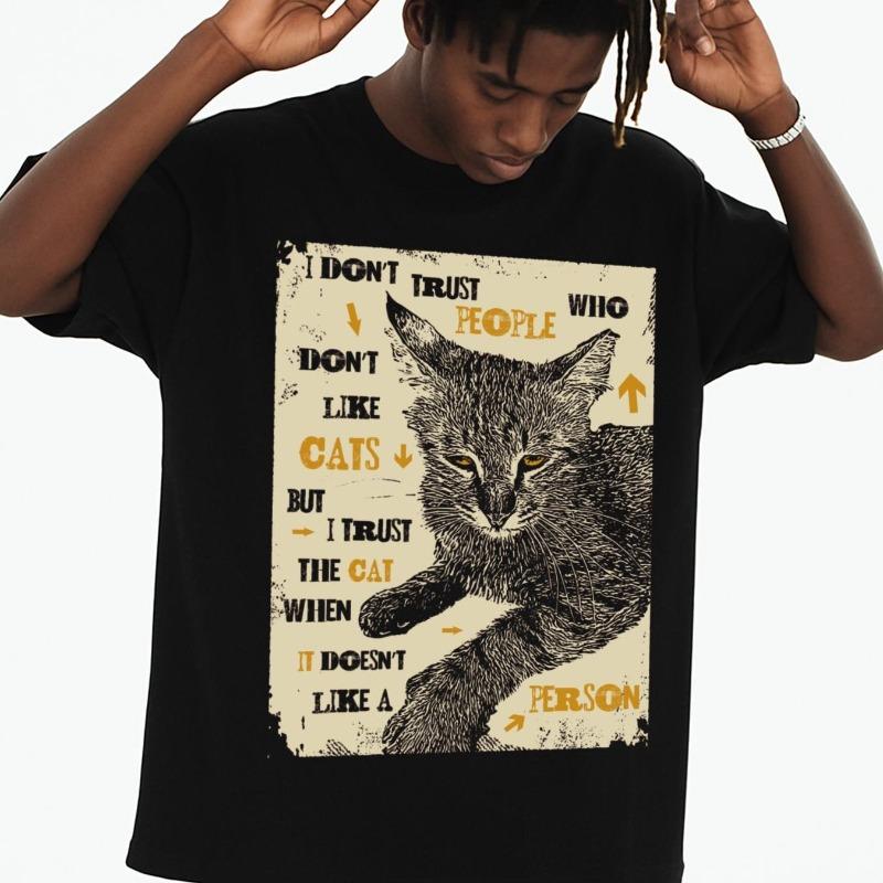 European sizes Men S Trust The Cat T-Shirt in Black, a Humorous Gift for Casual Sportswear. This Printed Tee Features a Streetwear Style S чёрный