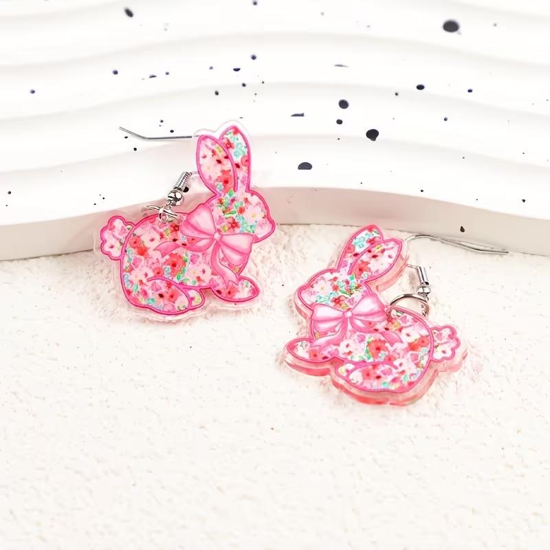 Cross-border New Cute Pink Rabbit Earrings 2D Flat Acrylic Creative Flower Pattern Animal Earrings