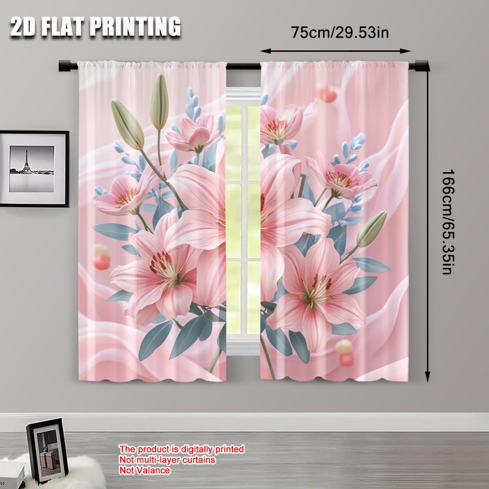 2pcs   2D flat printing Party Curtain Pink Lily Versatile Polyester Fabric  Without Electricity Family Party Decoration for