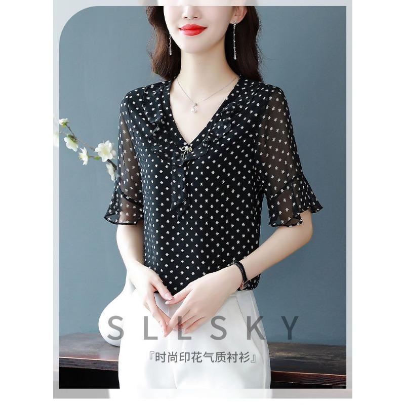High-end Chiffon Shirt Fashionable Upscale Summer Loose Short-sleeved Top Elegant Dress Top