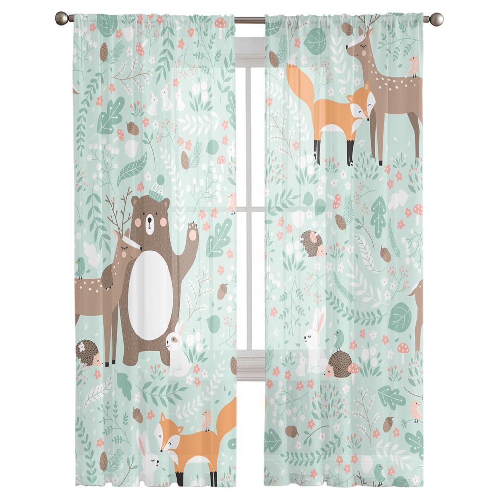Forest Animal Cartoon Fox Deer Bear Tulle Sheer Window Curtains for Living Room Kitchen Children Bedroom Voile Hanging Curtain