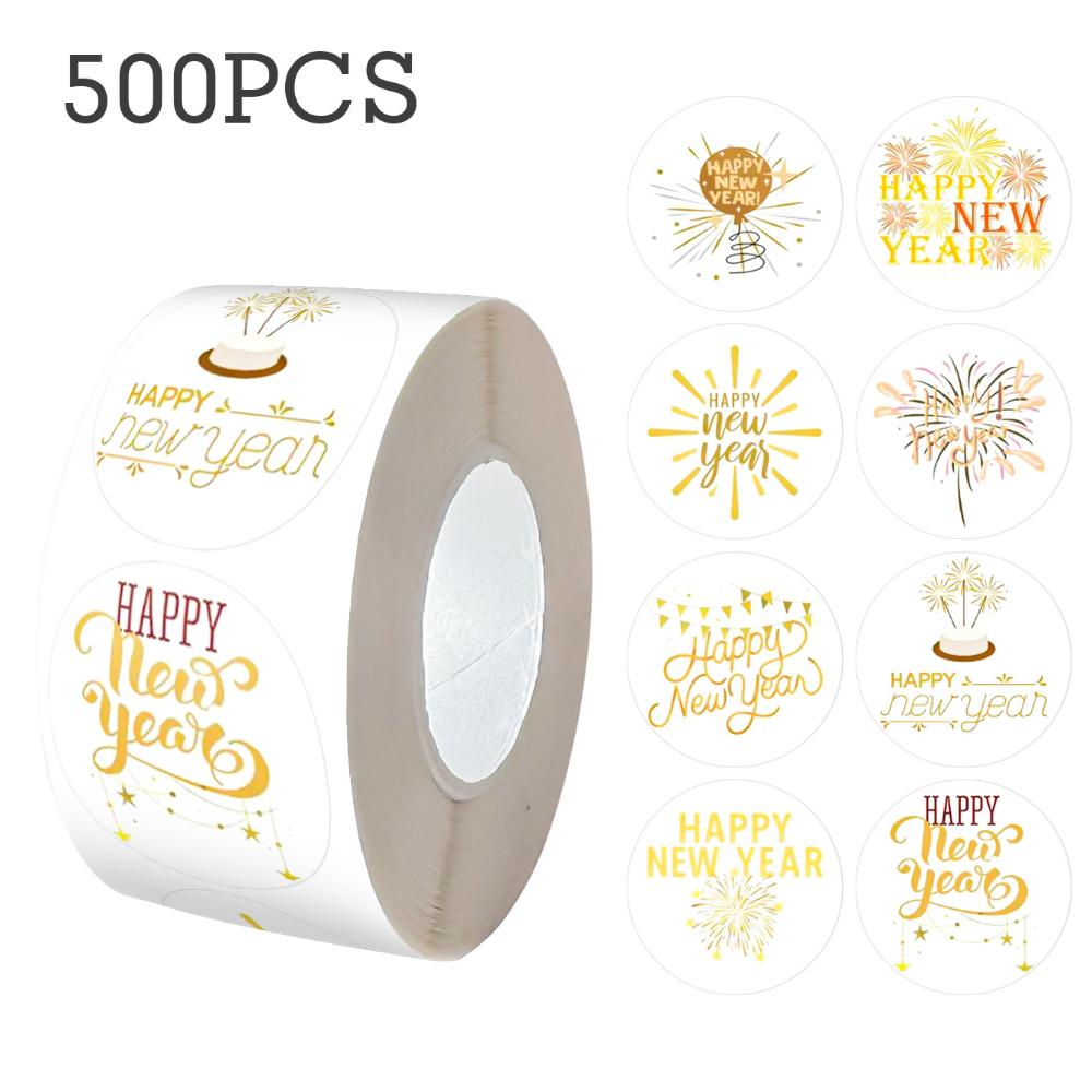 

500pcs/roll Gold Foil Happy New Year Sticker Candy Bag Flower Cake Boxes Gift Packaging Decorative Self Adhesive Stickerser