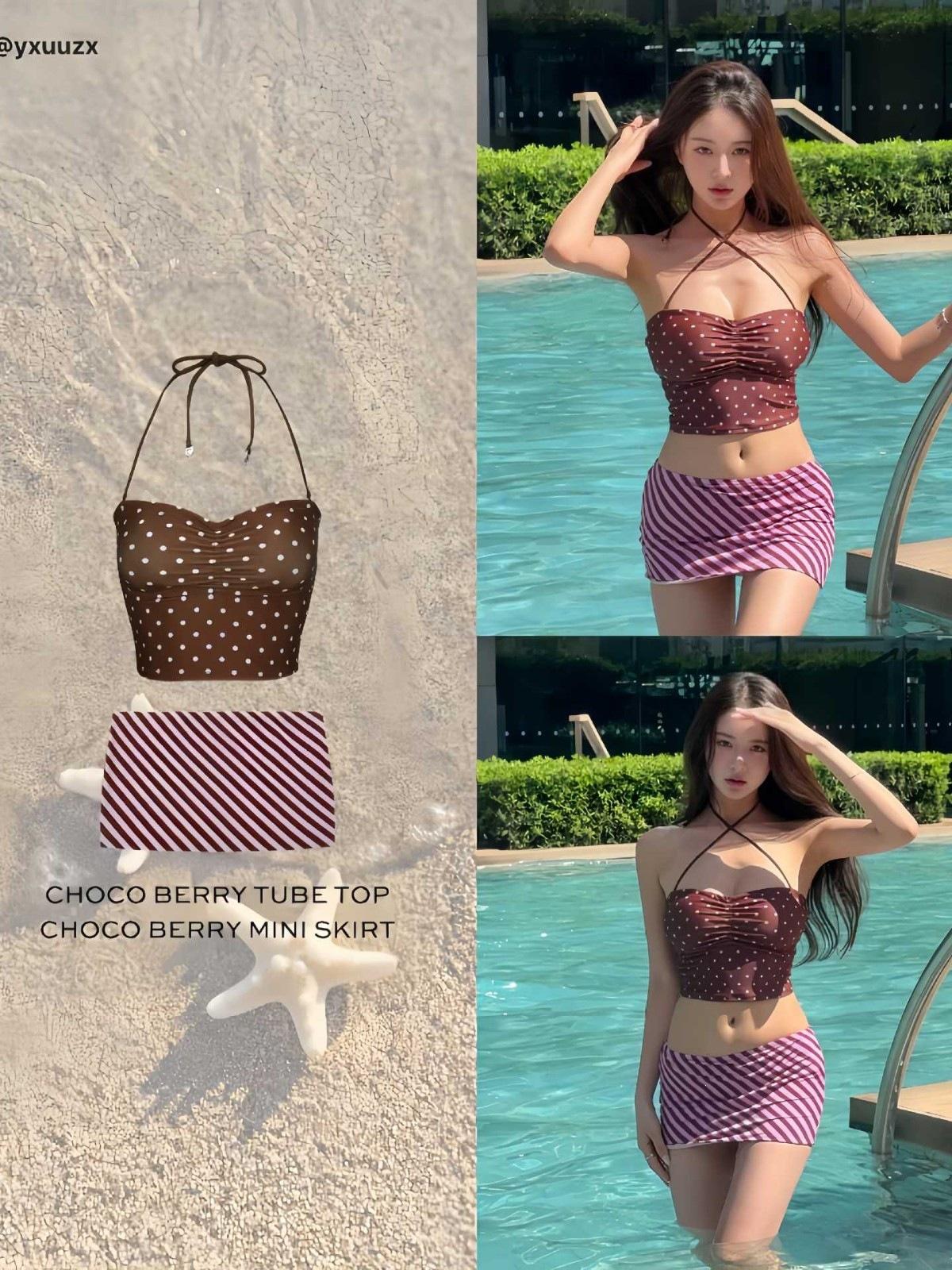 Beautiful Thai split swimsuit  s three-piece set sexy tube top retro polka dot vacation bikini pure desire style M