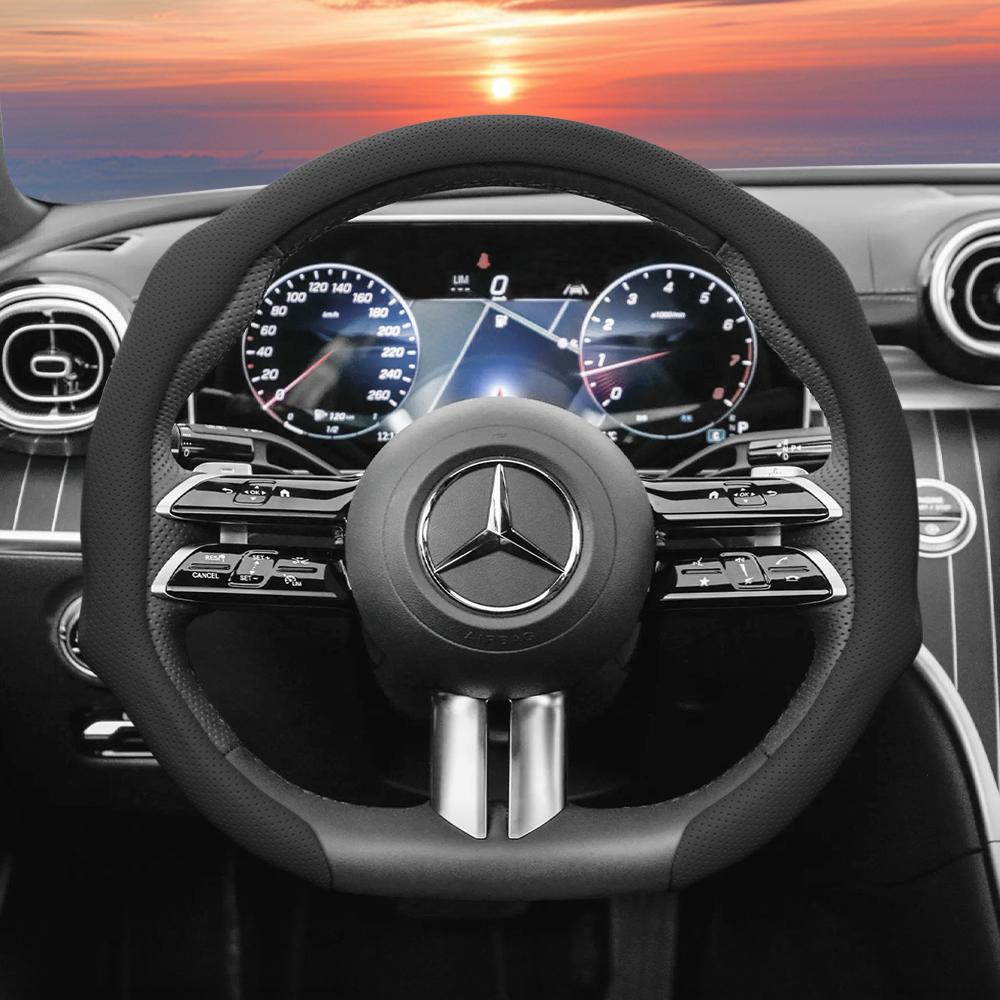 Suitable for Mercedes-Benz Perforated Leather Steering Wheel Cover, Non-Slip, Sweat-Absorbent, Breathable, Integrated Protective Case V 