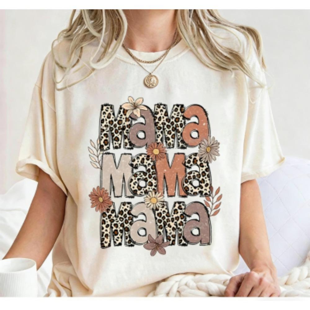 Funny Leopard Letter Mama Flower Print Kids Short Sleeves T-Shirt Loose Casual Summer Outdoor Street Boy and Girl Tees Tops
