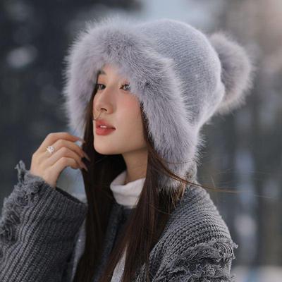 Hat Women's Winter Fleece Thickened Wool Hat Knitted Ear Protector Hat Plush Warm Windproof  Hat