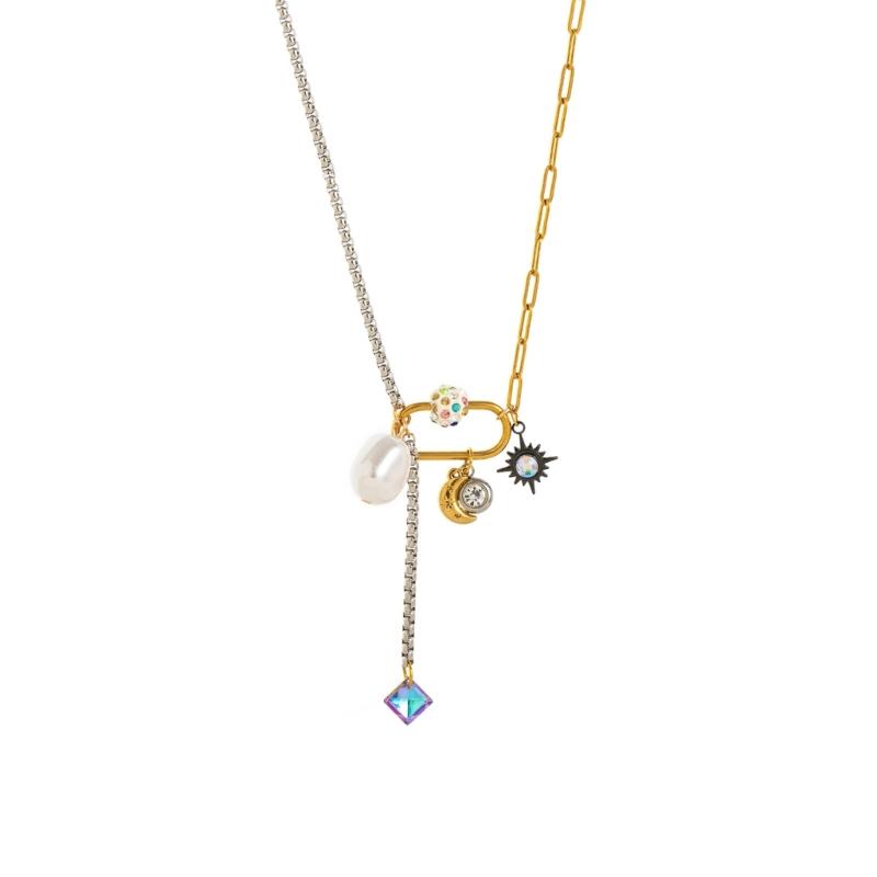 Stylish Splicing Pendant Clavicle Chain Jewelry Titanium Steel Necklace with Moon Star Pearls for Everyday Wear