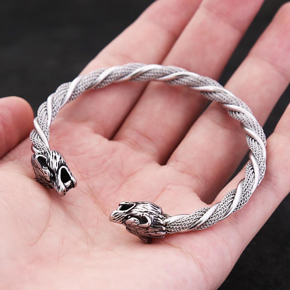 Vintage Viking Wolf Head Bracelet for Men Punk Hip Hop Stainless Steel Open Bracelet Fashion Jewelry Gift