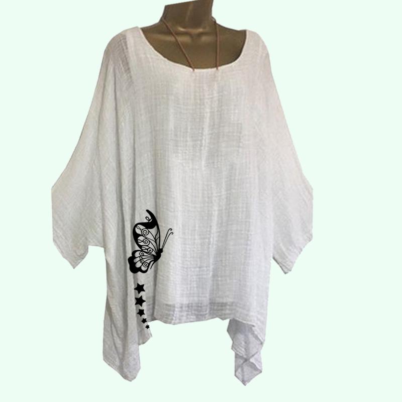 Übergröße DamenDünnes Baumwollleinenhemd Frühling&Sommer Lässig O-Ausschnitt Locker Langarm Top Damenmode Blumendruck Langes Hemd