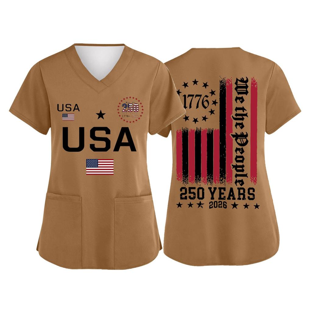 Women's V Neck Short Sleeve Work Shirt with Pockets USA Independence Day Print Medical Uniform Top for Caregivers and Healthcare Professionals