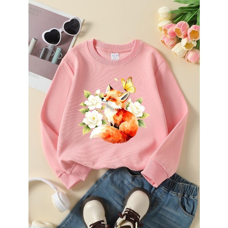 European sizes Girls' Soft Crewneck Sweatshirt with Fox, Flowers & Butterfly Print, Cute Design, Casual All-Match, Ideal Holiday Present