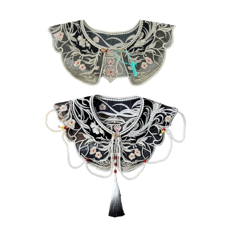 Damen Faux-Kragen mit Perlenketten-Quasten Vintage Stickerei Chinesisch Schwarz Falscher Kragen Schal Capelet mit Perlen Quasten