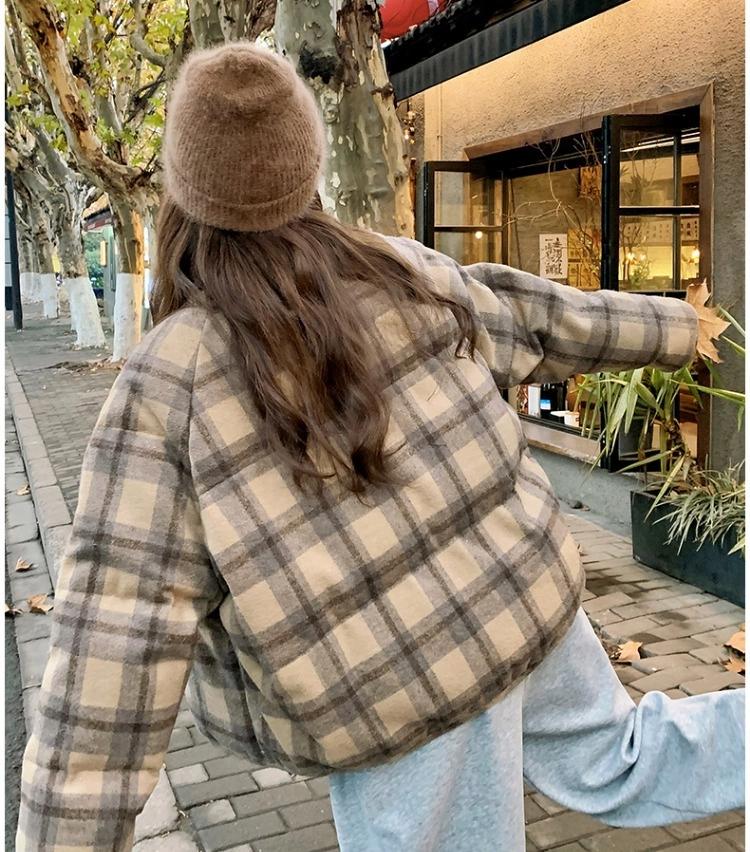Kurze Kaffee Karierte Baumwollgepolsterte Jacke Damen Winter Locker Oberbekleidung