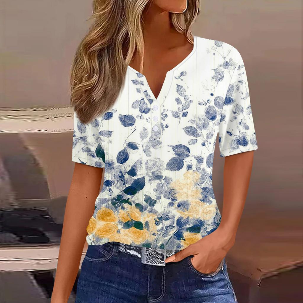Women Fashion Casual Floral Print V Neck Short Sleeve T Shirt Top with Decorative Buttons Relaxed Fit Blouse for Daily Wear