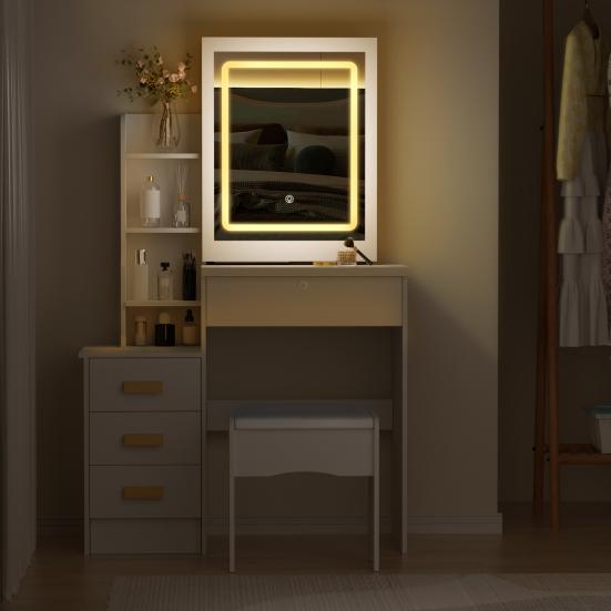 Makeup Mirror Desk Vanity with Sliding and Lights, Bedroom Dressing Table, Lighted Table Drawers & Shelves, Hidden Storage Space Dresser