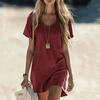 Summer Cotton Linen Dress for Women Casual Short Sleeve V Neck Mini T-Shirt Dress Loose A-line Short Sundress