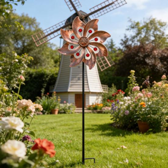 Metal Flower Wind Spinner Garden Kinetic Wind Sculpture Outdoor Retro Wind Spinner with Stake for Yard Lawn