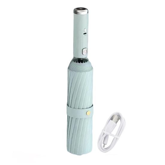 Sammenleggbar paraply med vifte, 3 hastigheter justerbar, USB-oppladbar, UV-beskyttelsesparaply, bærbar, vanntett, vindtett, sommer utendørs, sol- og regnparaply
