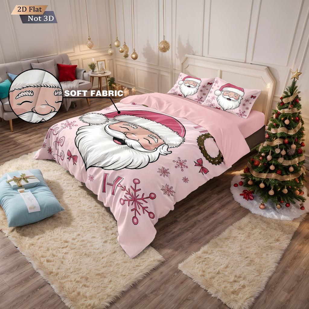 3Pcs Pink Santa Claus Printed Coreless Down Duvet Cover In Multiple Sizes Soft Bedroom Bedding Decoration Machine Washable